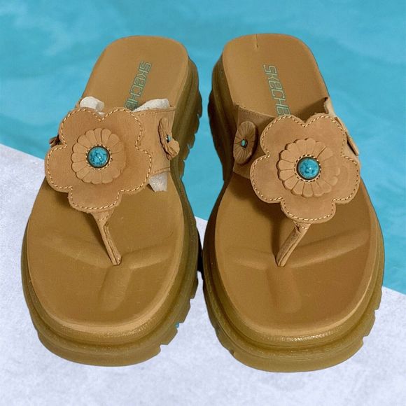 Vtg 90's Y2K Skechers Sky Jammers Wheat Tan Leather Thong Sandals Size 6 W WIDE - Picture 3 of 16